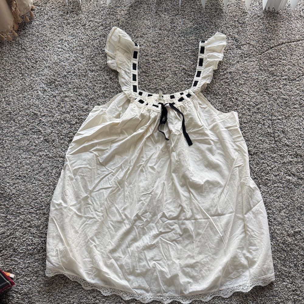 Aerie White Cotton Ruffle Strap Tank Top with Black Trim